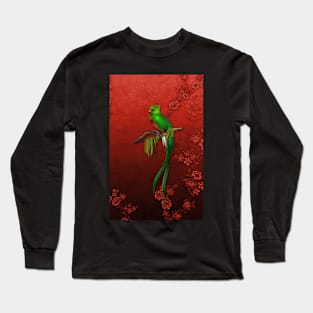 Exotic Quetzal Bird on Red Floral Long Sleeve T-Shirt